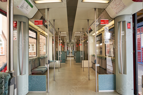 Berlin,Germany, 3 April 2020. Empty train with coronavirus signs during epidemic and quarantine of covid-19
