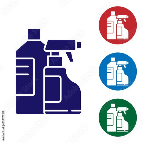 Blue Plastic bottles for laundry detergent, bleach, dishwashing liquid or another cleaning agent icon isolated on white background. Set icons in color square buttons. Vector Illustration