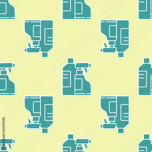 Green Plastic bottles for laundry detergent, bleach, dishwashing liquid or another cleaning agent icon isolated seamless pattern on yellow background. Vector Illustration