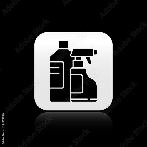 Black Plastic bottles for laundry detergent, bleach, dishwashing liquid or another cleaning agent icon isolated on black background. Silver square button. Vector Illustration
