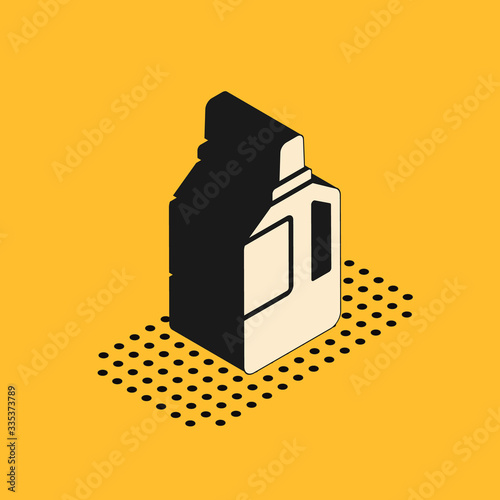 Isometric Fabric softener icon isolated on yellow background. Liquid laundry detergent, conditioner, cleaning agent, bleach. Vector Illustration
