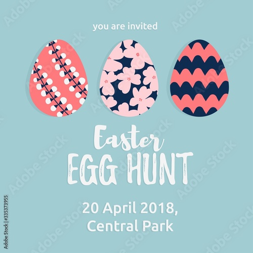Easter egg hunt card with cute Easter eggs decotated and text on blue background. Vector illustration in trendy flat cartoon