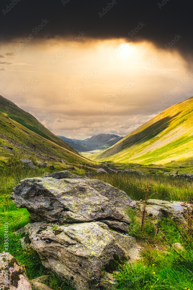 Sunset at a valley of the famous Lake District in England