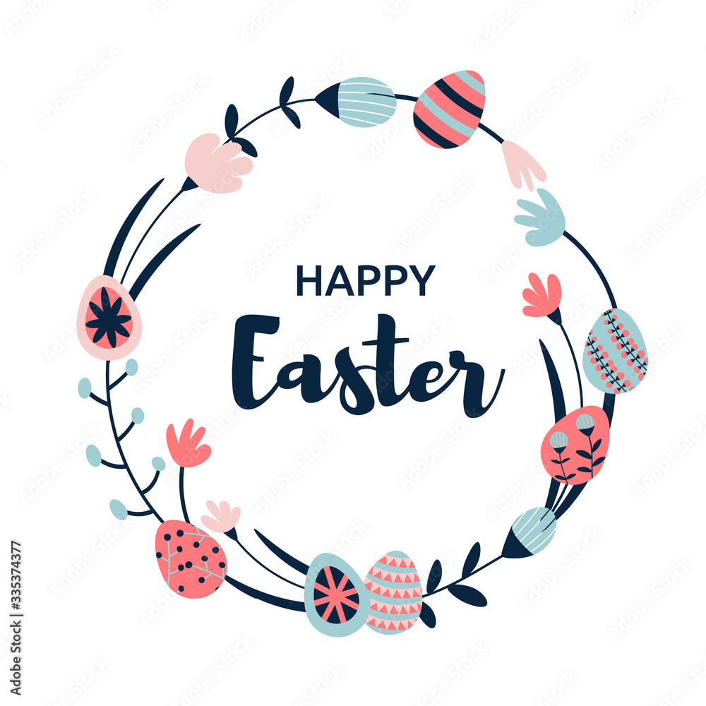 Easter card with wreath made of cartoon flowers and cute eggs decorated with simple patterns. Floral frame in simple flat style. Vector