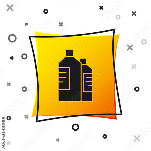Black Plastic bottles for laundry detergent, bleach, dishwashing liquid or another cleaning agent icon isolated on white background. Yellow square button. Vector Illustration