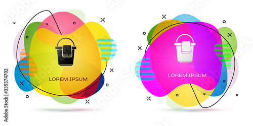 Color Bucket with rag icon isolated on white background. Cleaning service concept. Abstract banner with liquid shapes. Vector Illustration