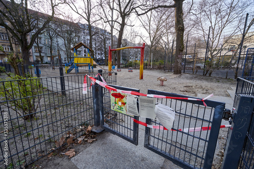 Berlin, Germany, 26 March 2020. close and deserted children playground during epidemic and quarantine of coronovirus covid-19