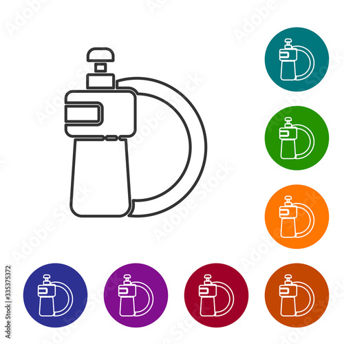 Black line Dishwashing liquid bottle and plate icon isolated on white background. Liquid detergent for washing dishes. Set icons in color circle buttons. Vector Illustration