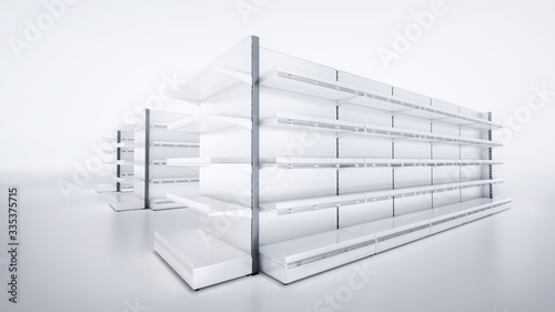 3D image side view with wide angle of grocery empty shelves staying in three rows on blank white background. Whith Front/End shelves displays.