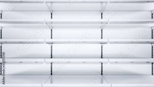 3D close up image of empty shelves with shelf talkers and price tags.