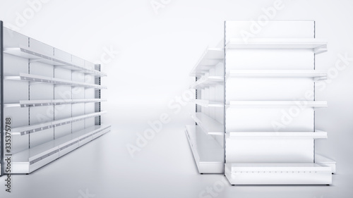 3D image of grocery empty shelves staying in two rows on blank white background. Good for supermarket's mockup.