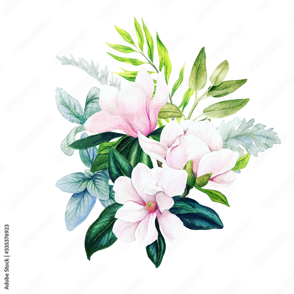 Magnolia and leaves, bright watercolor bouquet, hand drawn Magnolia and leaves, bright watercolor bouquet, hand drawn
