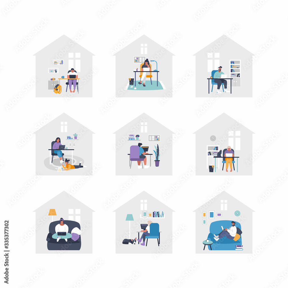 Set of flat vector illustrations - people are working from home with laptops, PC at table, at sofa. Home office concept - people are working from home. Remote job during isolation.