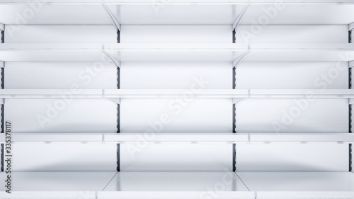 3D close up image of empty shelves with shelf talkers and price tags.