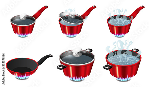 Set of red pans with boiling water, opened and closed pan lid