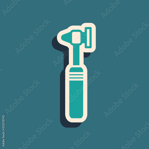 Green Medical otoscope tool icon isolated on green background. Medical instrument. Long shadow style. Vector Illustration