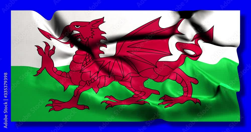 Green screen hiper realistic loop of Wales flag waving in the wind welsh flag fluttering with highly detailed fabric texture animation 4k