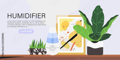 Vector illustration of a portable humidifier device on a table with house plants moisturing air in a room during hot days and low humidity in a flat in winter. Creative banner, flyer or add.