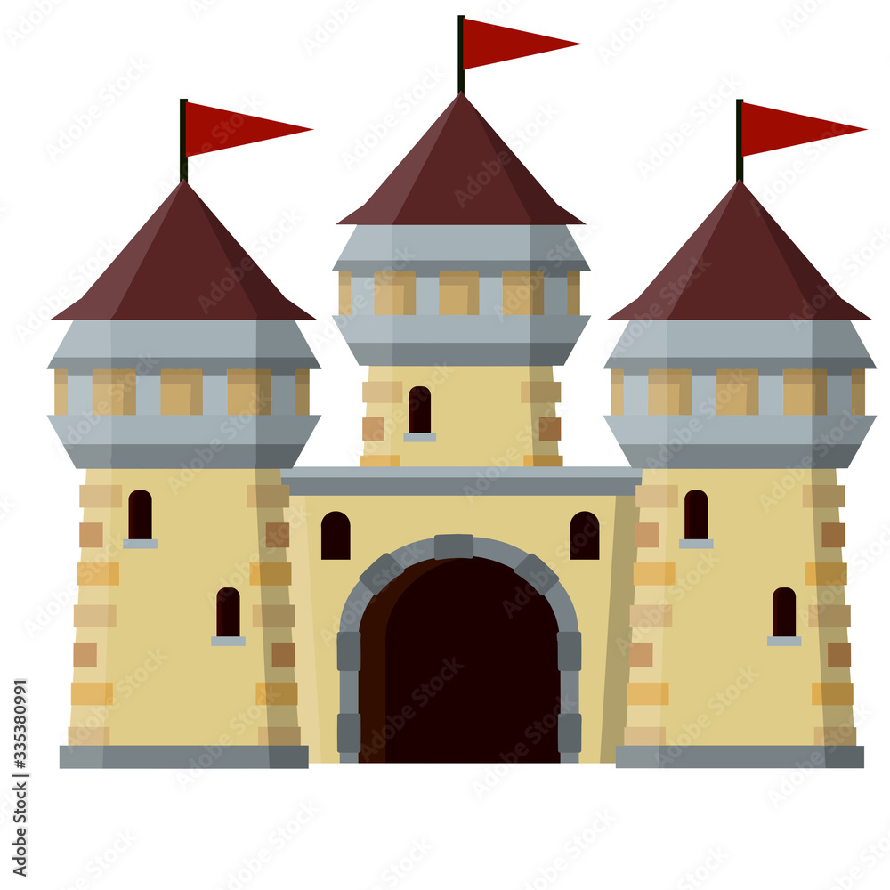 Medieval European stone castle. Knight's fortress. Concept of security, protection and defense. Cartoon flat illustration. Military building with walls, gates and big tower.