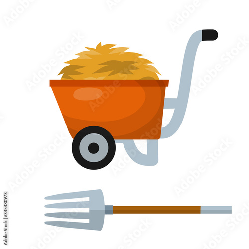 Haystack, red wheelbarrow, pitchfork. Tool for harvesting. Rural landscape. Sheaf of wheat. Cartoon flat illustration. Organic food