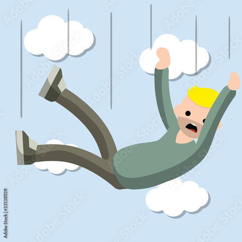 Falling man. horror and fear of heights - phobia Acrophobia. Cartoon flat illustration. Flight among clouds. Drop young guy