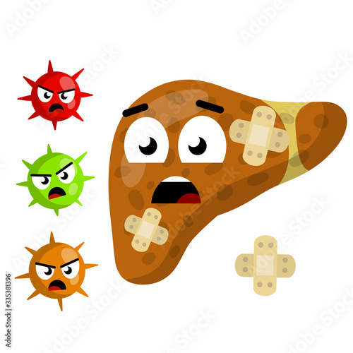 Bad liver. Medical Disease of human internal organ. Attack germs and cirrhosis of liver with plaster. Evil emotions virus with green, red, orange face. Funny cartoon flat illustration. Health problem