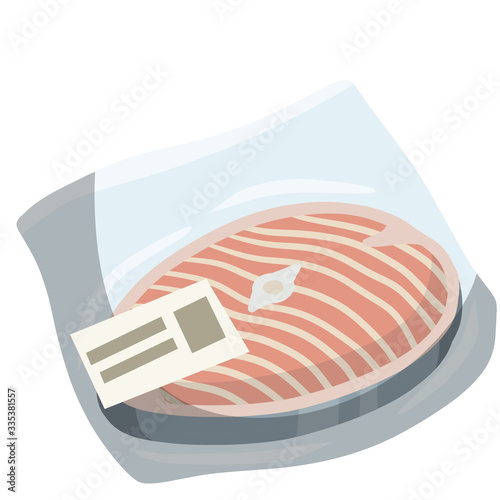 Packaging of frozen fish. Seafood and meat in package. Cartoon flat illustration. Supermarket product. Cold object