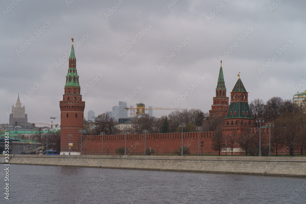 Kremlin wall and Towers, Moscow International business center (MIBC) in distance. Concepts - Stay at home, save live, self-isolation. 