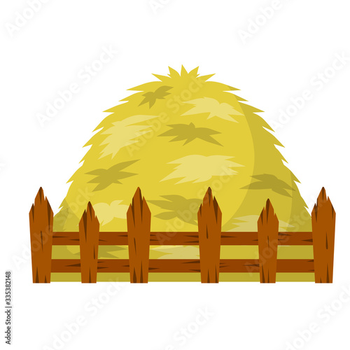 Haystack. Large sheaf of dry wheat and straw. Rustic wooden fence, countryside. Rural harvest. Cartoon flat illustration. Element village
