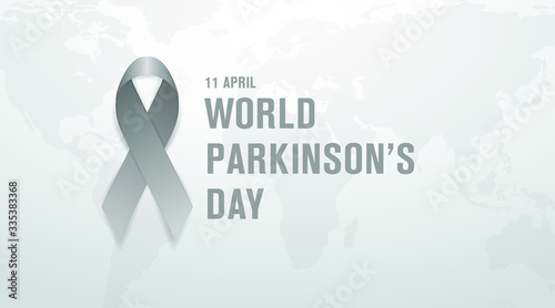 World Parkinson's day April 11th  modern awareness banner with grey awareness ribbon and text on light background with world map 