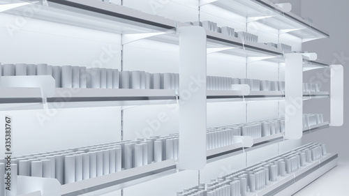 3D image of grocery shelfs mockup with simple objects of products, stoppers, woblers, shelf talkers and light.