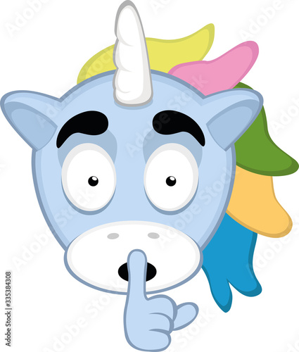 Vector illustration of the face of a cartoon unicorn asking for silence