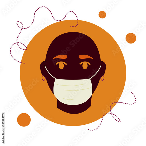 Dark skinned character in medical face mask. Coronavirus protection concept. Vector portrait of african american hairless person. Minimalistic flat icon in trendy style with dotted lines and circles