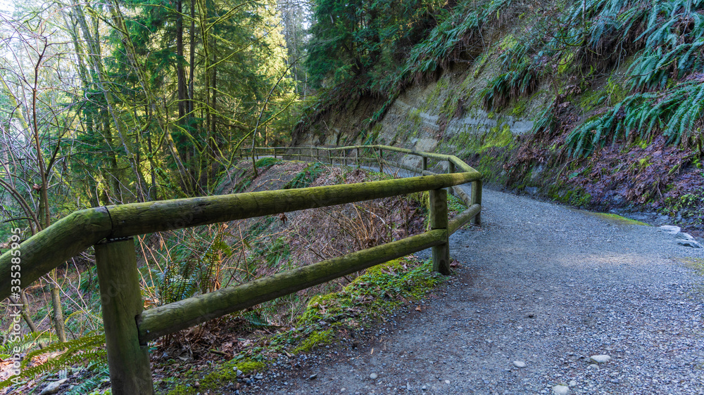 wooden safety railings on mountain forest trail wooden safety railings on mountain forest trail