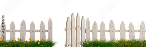 Old wooden fence with open gate isolated on a white background. 3D image