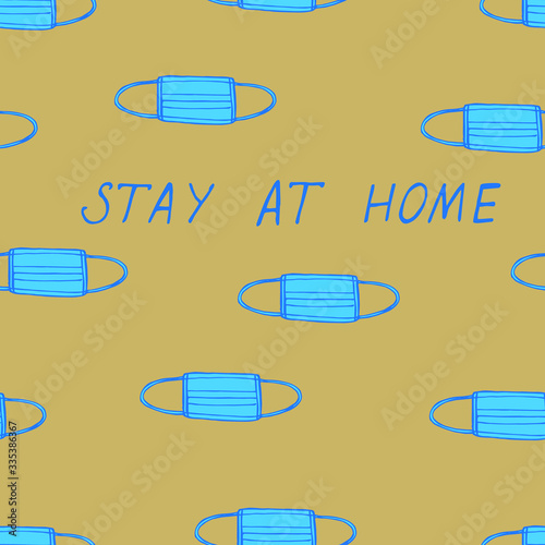 
Vector illustration. Abstract seamless pattern in the form of medical masks and the inscription stay home.