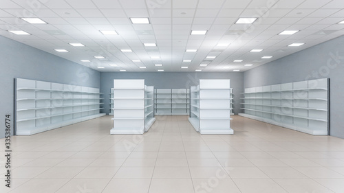 3D close-up image of two rows  grocery shelves inside cheap supermarket interior