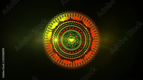 Mandala to attract love. Colorful dance of lines and light, rainbow spectrum of colors. Seamless loop, neon glow. Abstract background, beautiful bright ornament, multi-colored motion graphics.