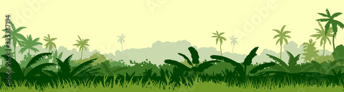 Tropical plants, herbs. The jungle, the savannah. Vector. Dense thickets of meadow. Light foggy green horizon, lush young grass and shrubs. Spreading palm trees in the distance. Background landscape.