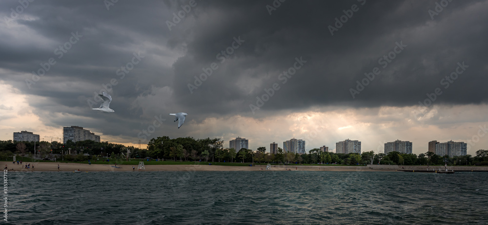 storm clouds over city skyline with beach and seagulls