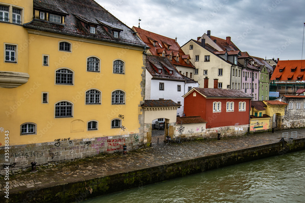 View of the historic center of Regensburg from the Old Stone Bridge