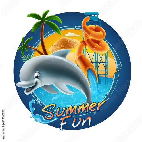 funny summer illustration of a dolphin in the pool