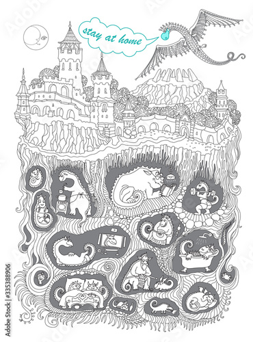 Stay at Home. Quarantine isolation Covid-19 humor concept.Adults coloring book page, tee shirt print, linear illustration. Fairy tale castle, old medieval town, Dragon beast cave underground nest