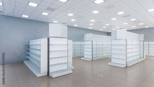 3D image side view of grocery shelves with toppers and stoppers inside cheap discount supermarket interior