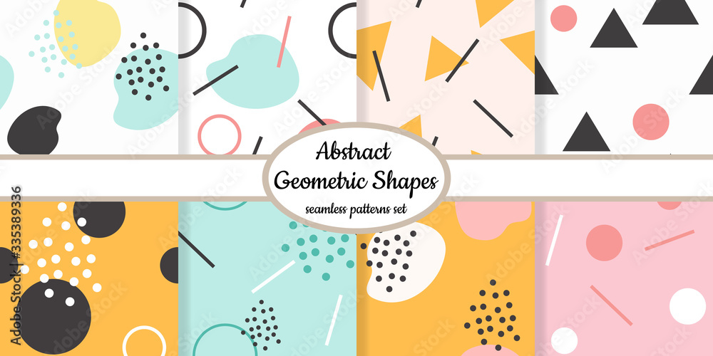 Collection of seamless patterns with abstract geometric shapes. Minimalistic simple trendy background designed for fabric, web, paper and all prints