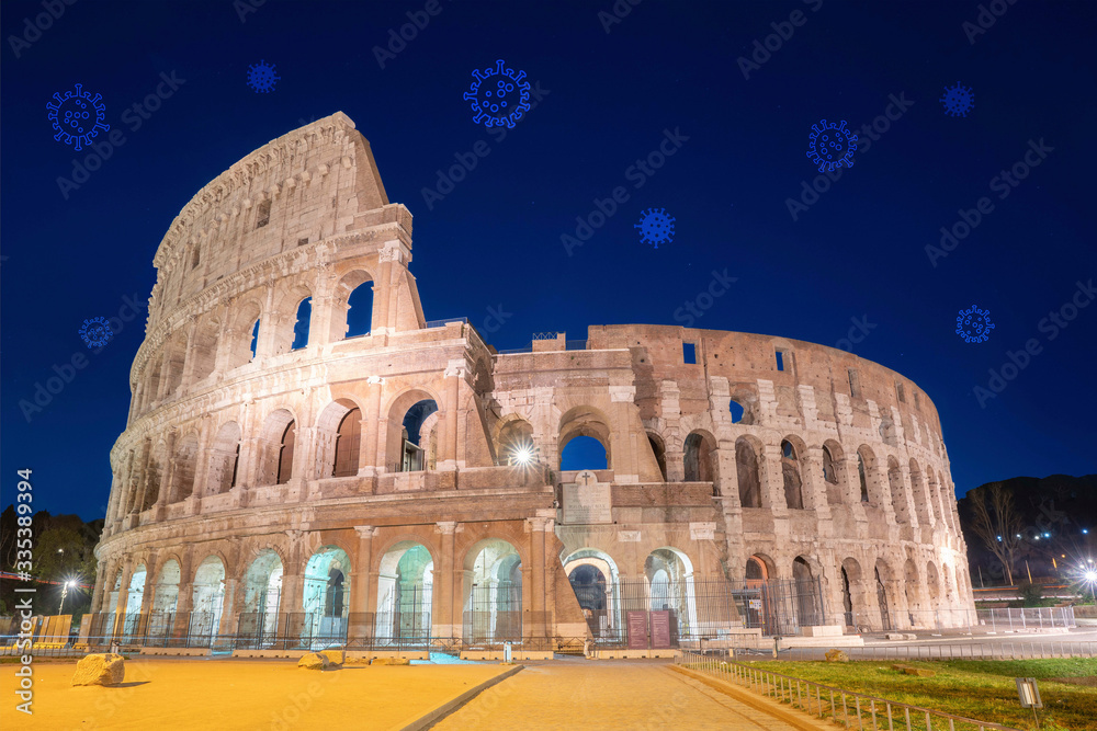 Night View of Colosseum, Rome Italy  with Covid-19 or Corona Virus in the Sky