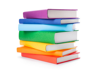Stack of colorful books isolated on white background. Collection of different books. Hardback books for reading. Back to school and education learning concept