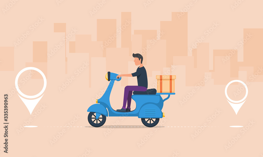 Motorcycle express service. Fast city delivery on scooter. Delivery service poster with male character. Vector illustration