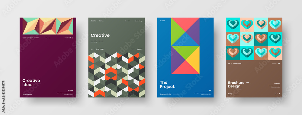 Company identity brochure template collection. Business presentation vector A4 vertical orientation front page mock up set. Corporate report cover abstract geometric illustration design layout bundle.