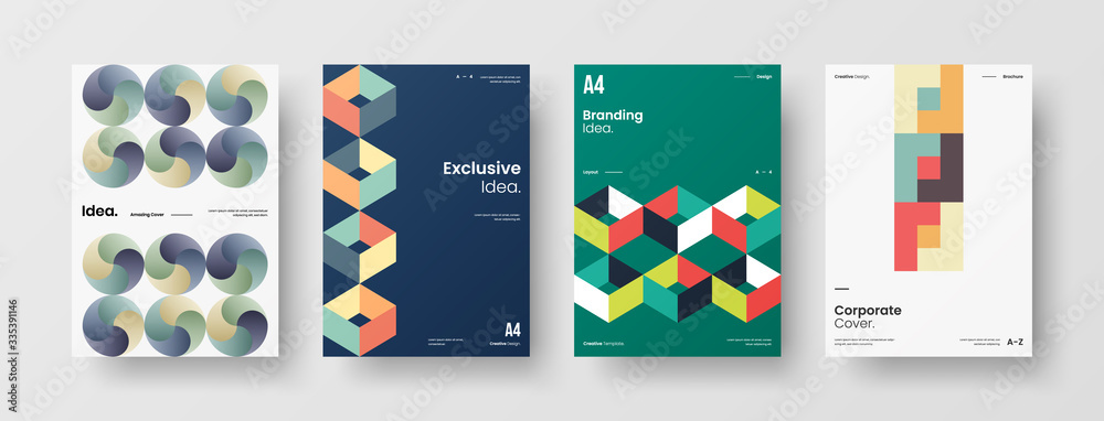 Obraz premium Company identity brochure template collection. Business presentation vector A4 vertical orientation front page mock up set. Corporate report cover abstract geometric illustration design layout bundle.